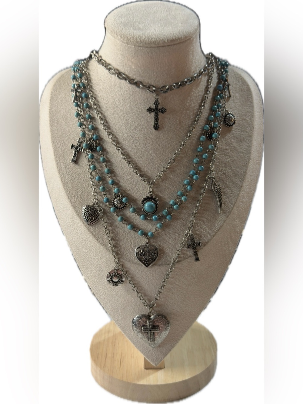 Shyanne Silver-Tone Layered Necklace with Turquoise Beads and Cross Charms